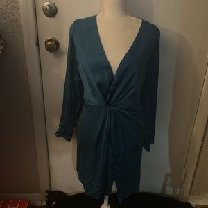 Charlotte Russe Turquoise Satin Twist Front V-Neck Mini Dress S Classic Coquette
